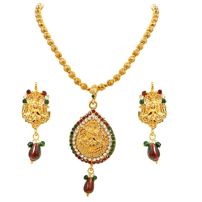 Red, Green & White Kundan Polki Goddess Motif Fashion Jewellery Set
