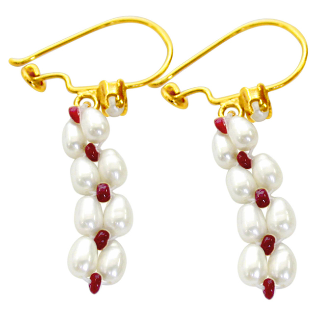 Pearl Ruby Ecstasy - Real Rice Pearl & Red Ruby Beads Hanging Earrings for Women (SE70)
