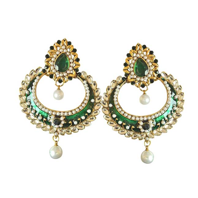 Traditional Green & White Coloured Stone, Shell Pearl & Gold Plated Chand Bali Earrings with Green Enamel (PSE26)