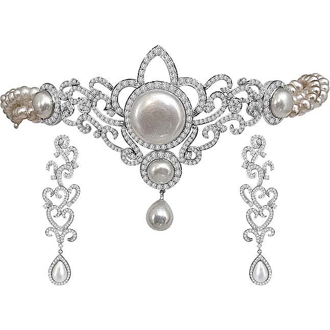 Ray of Love Diamond & Pearl Chocker Necklace Set -Diamond Set