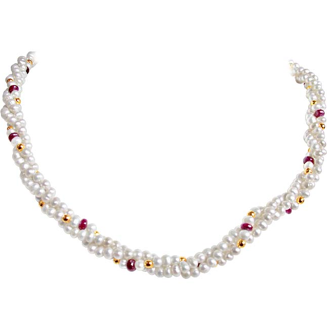 Ruby Love Pearls - Twisted 3 Line Real Ruby & Freshwater Pearl Necklace for Women (RBN16)