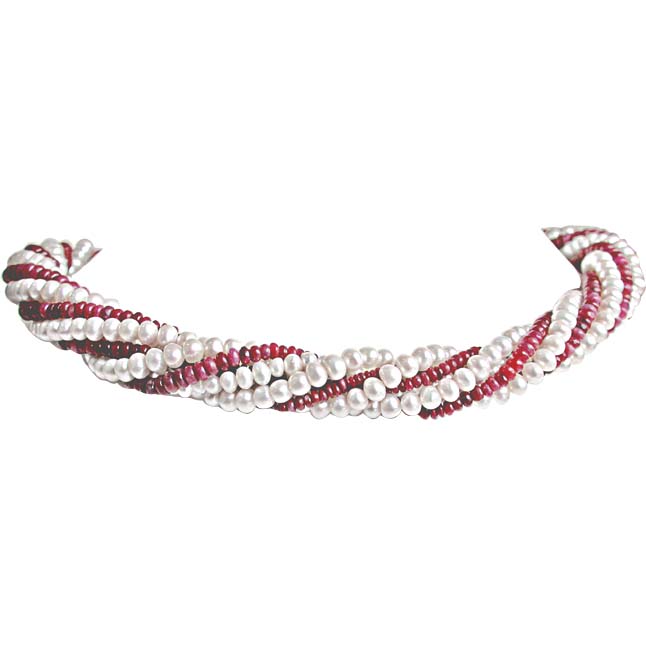 Ruby Choker Charm - Twisted Real Ruby & Freshwater Pearl Choker Necklace for Women (RBN2)