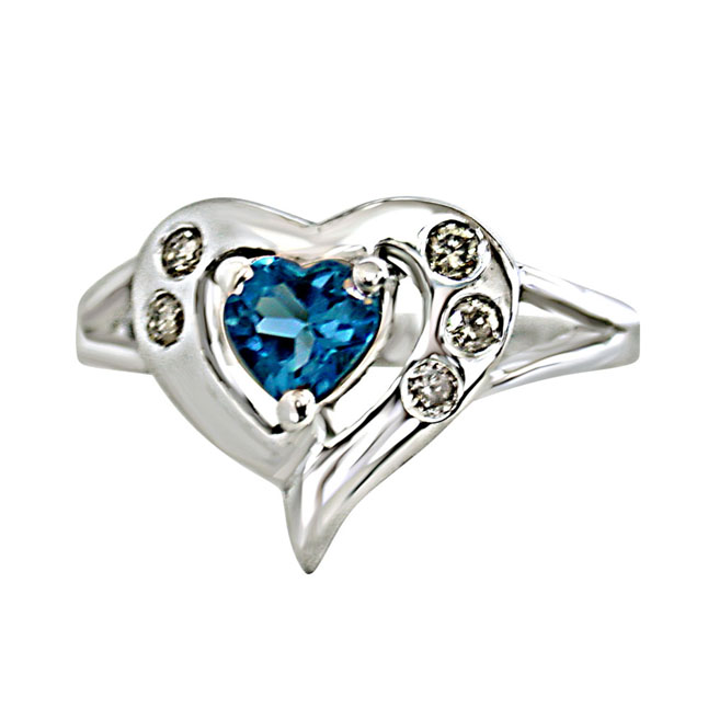 Real Diamond & Heart Shaped Blue Topaz Ring Set in 925 Silver (GSR44)
