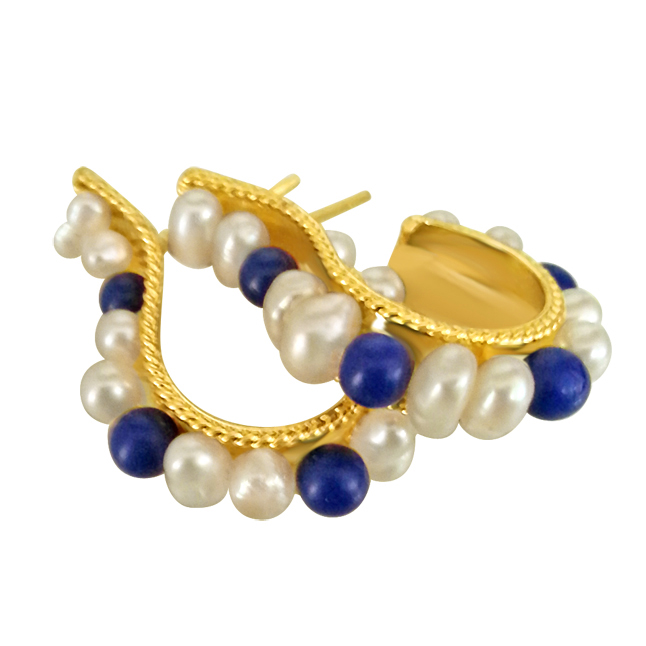 Real Pearl & Blue Lapiz Bali Style Earrings for Women (SE197)