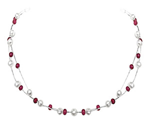 Real Ruby Embellishment - 2 Line Real Pearl & Ruby Beads Wire Necklace (SN155)