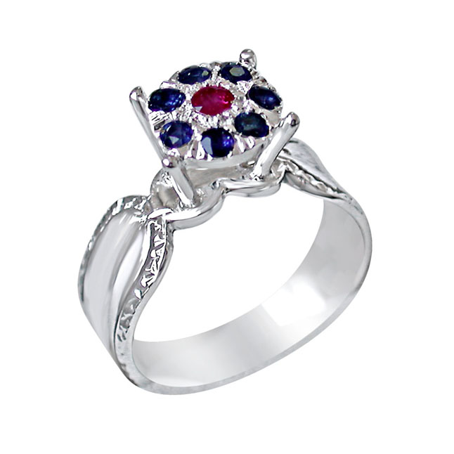 Red Ruby & Blue sapphire in Flower Shaped Silver Ring (GSR45)