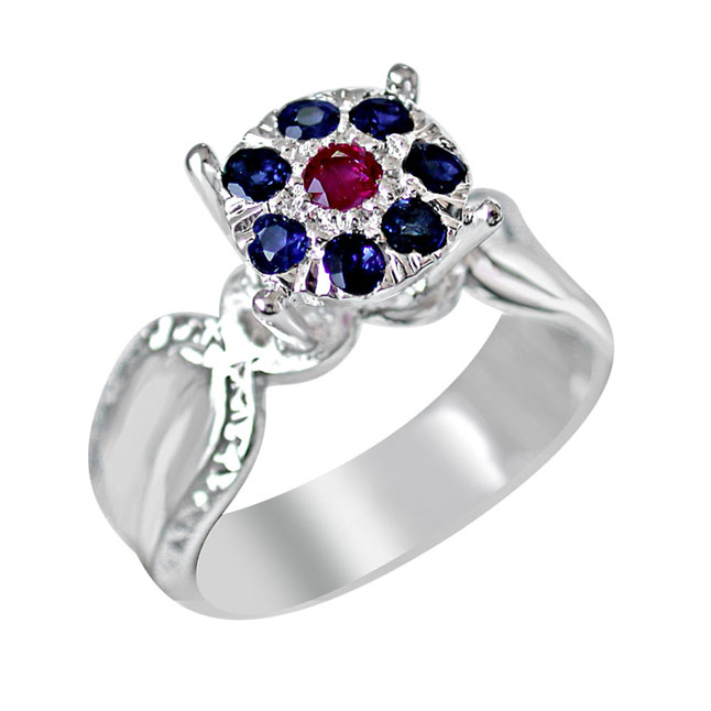 Red Ruby & Blue sapphire in Flower Shaped Silver Ring (GSR45)