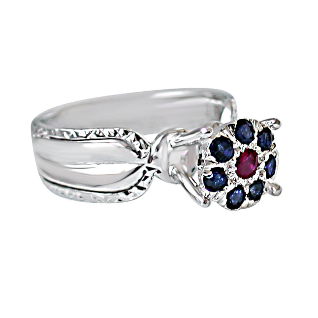 Red Ruby & Blue sapphire in Flower Shaped Silver Ring (GSR45)