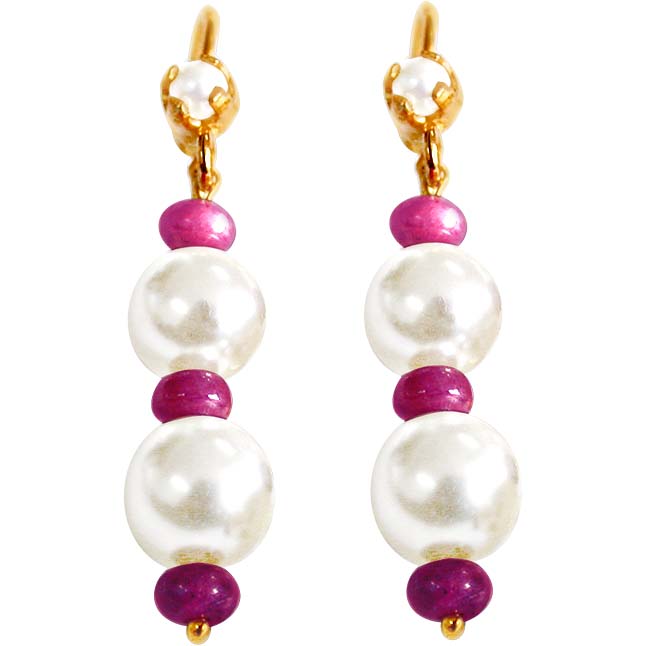 Real Ruby Beads & Shell Pearl Hanging Earrings (RBER4)
