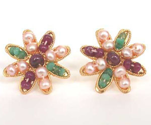 Stylish Emerald, Ruby & Peach Pearl Star Shape Earring (SE123)