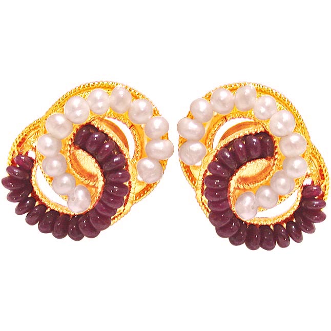 Luminous Surprise - Real Ruby Beads, Freshwater Pearls & Gold Plated Interlocked Earrings for Women (SE76)
