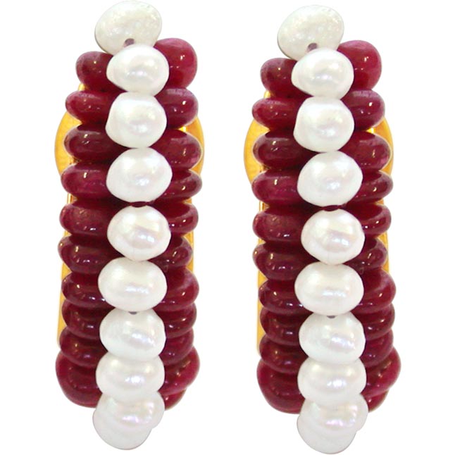 We are Forever - Real Ruby Beads & Freshwater Pearl Bali Style Earrings for Women (SE79)