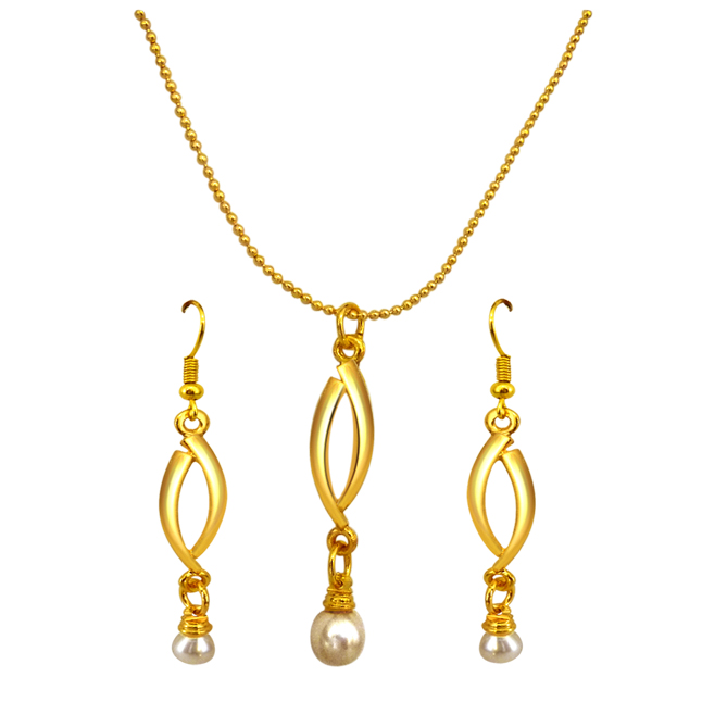 Sensual Pearl Set - Natural Real Pearl & Gold Plated Pendant & Earring Set Jewellery (SDS144)