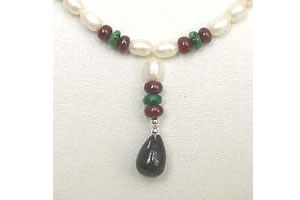 Drop Sapphire, Emerald ,Ruby Beads & Rice Pearl Necklace (SN468)