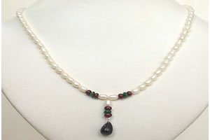 Drop Sapphire, Emerald ,Ruby Beads & Rice Pearl Necklace (SN468)