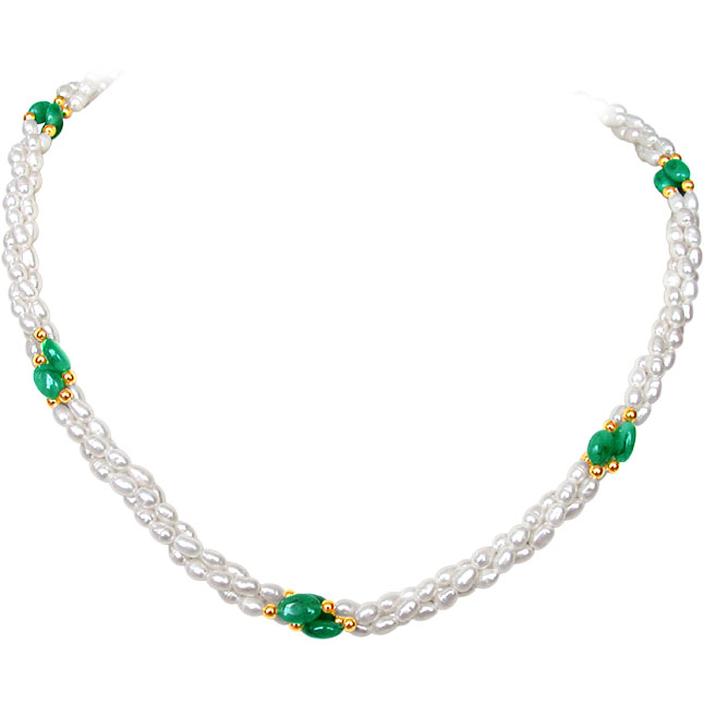 Finery Jewel - Twisted 3 Line Real Oval Green Emerald & Rice Pearl Necklace for Women (SN130)