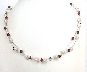 Real Ruby Embellishment - 2 Line Real Pearl & Ruby Beads Wire Necklace (SN155)