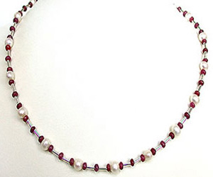 Shimmering Charms Single Line Real Pearl With Ruby Beads Necklace (SN156)