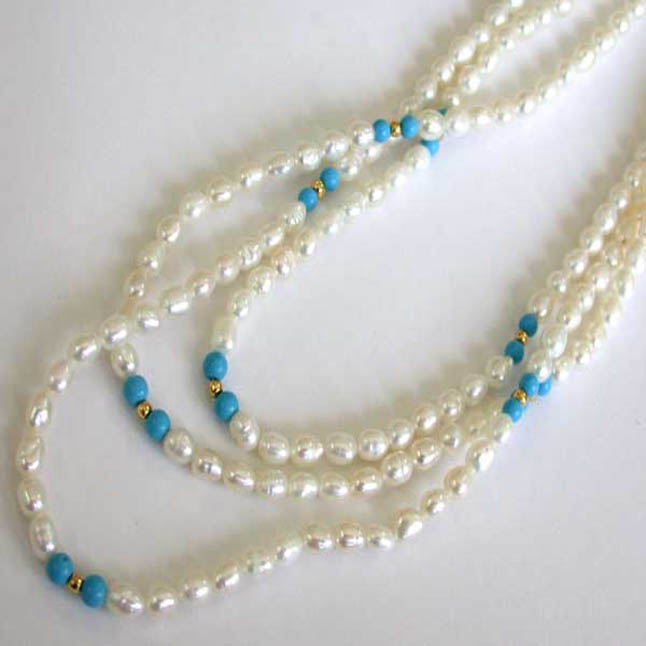 Wish - 3 Line Real Pearl & Round Blue Turquoise Beads Necklace (SN28)
