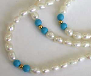 Wish - 3 Line Real Pearl & Round Blue Turquoise Beads Necklace (SN28)