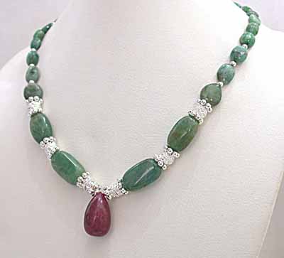 Oval Green Emerald +Drop Ruby Necklace -Precious Stone Necklace