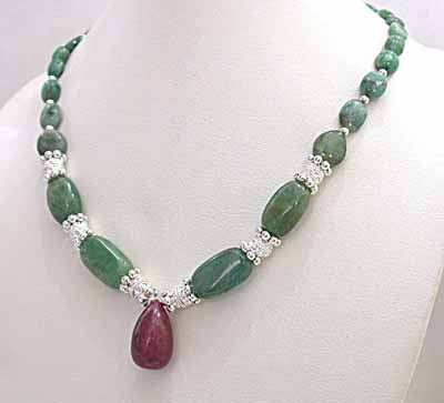 Oval Green Emerald +Drop Ruby Necklace (SN346)