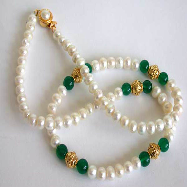 Royal Grace - Single Line Real Freshwater Pearl, Green Onyx Beads & Gold Plated Ball Necklace for Women (SN39)