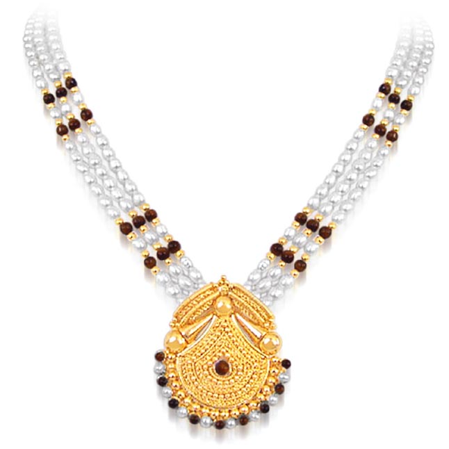 Marvel - Gold Plated Temple Design Pendant & 3 Line Freshwater Pearl & Tiger Eye Beads Necklace for Women (SNP12)