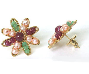 Stylish Emerald, Ruby & Peach Pearl Star Shape Earring (SE123)