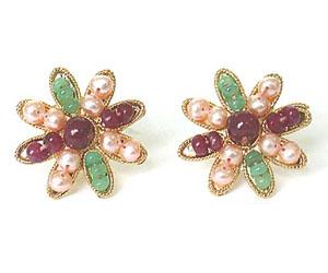 Stylish Emerald, Ruby & Peach Pearl Star Shape Earrings SE -123 -Flower Shape Earrings