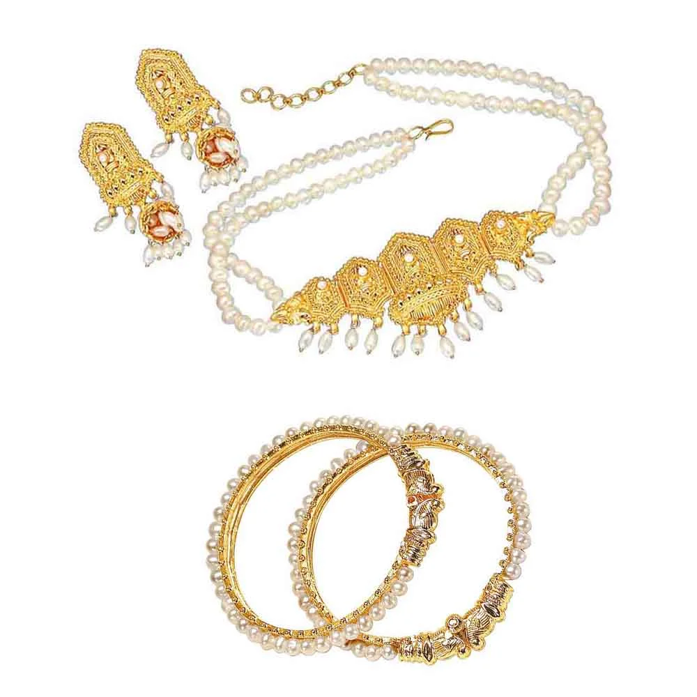 Real Freshwater Pearl & Gold Plated Motif Bangles, Necklace & Earrings (H1988)
