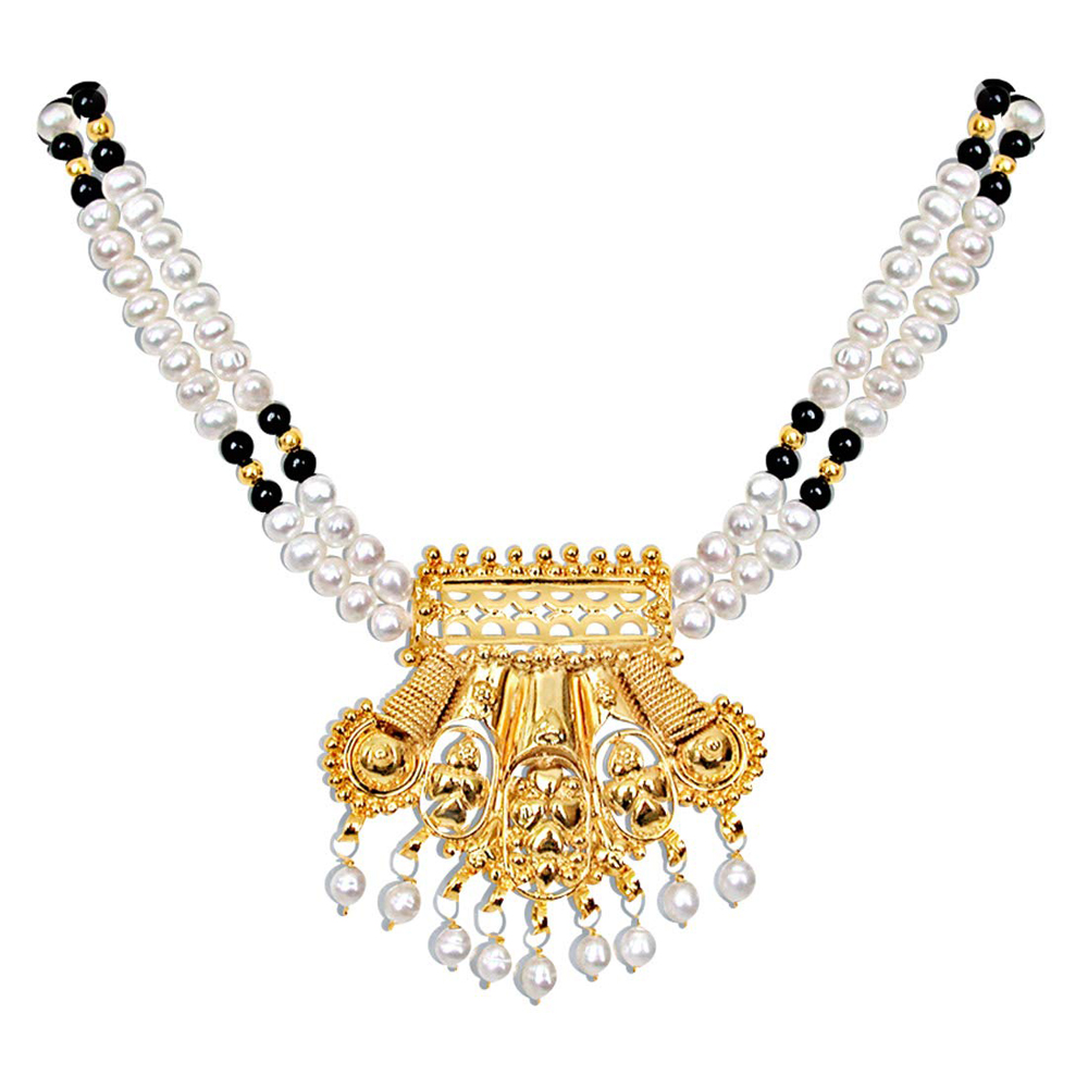 Gold Plated Pendant, Real Freshwater Pearl & Black Onyx beads Necklace for Women (SN126)