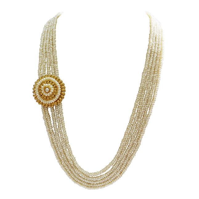 5 Line Real Freshwater Pearl Gold Plated Pendant Maharani Necklace for Women (SN972)