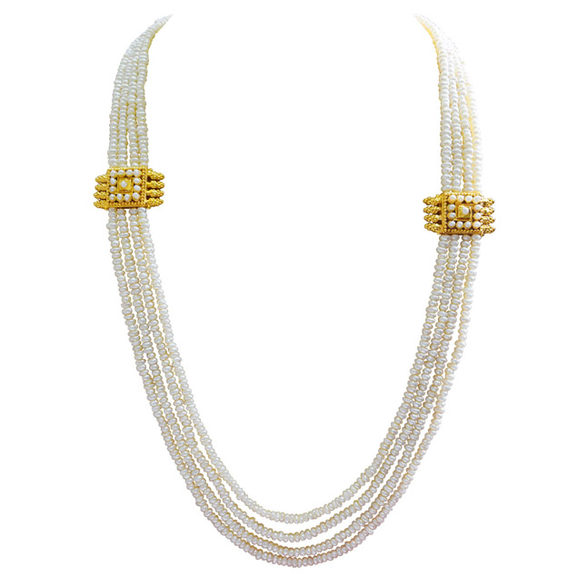 4 Line Real Freshwater Pearl & 2 Gold Platted Pendant Maharani Necklace (SN973)