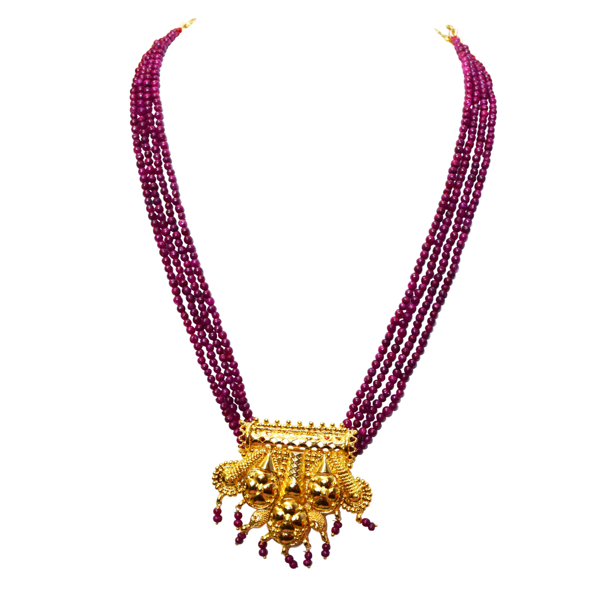 4 Line Real Red Ruby Beads & Gold Plated Pendant Necklace for Women (RBN4)