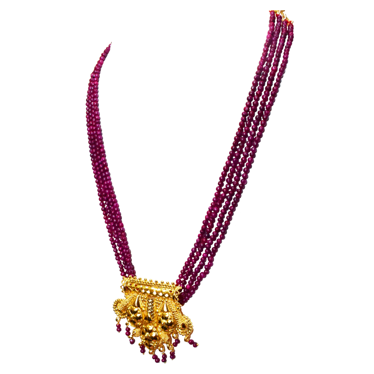 4 Line Real Red Ruby Beads & Gold Plated Pendant Necklace for Women (RBN4)