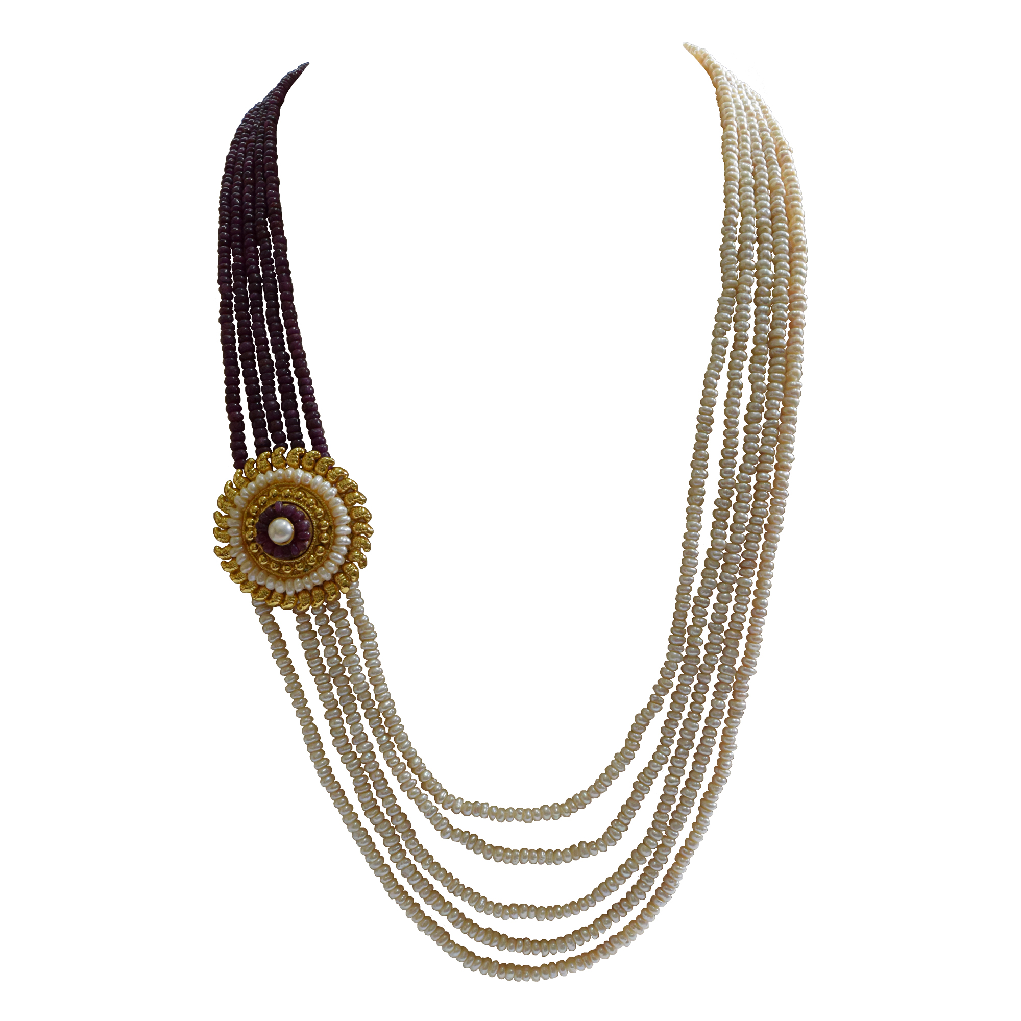 5 Line Real Freshwater Pearl Gold Plated Pendant Maharani Necklace (SN976)