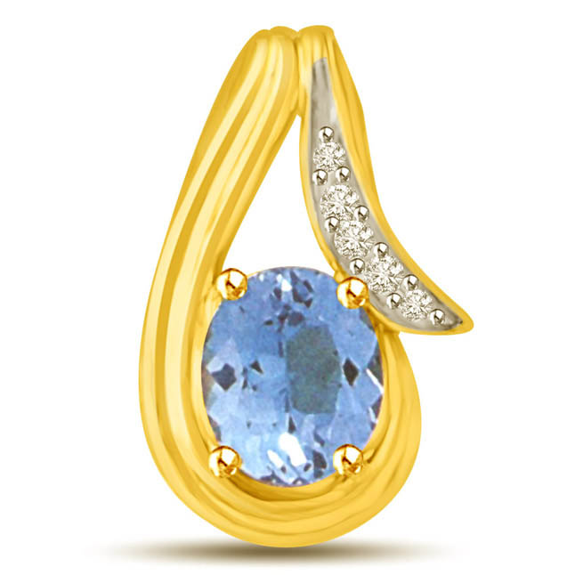 Blue Topaz & White Diamond & Gold Pendant for Her