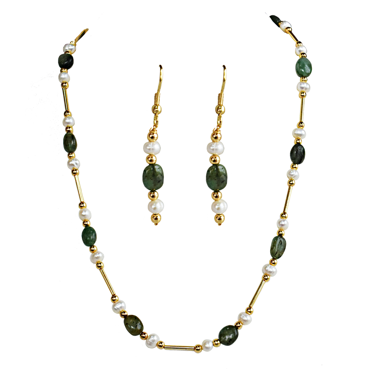 Real Freshwater Pearl, Oval Emerald & Gold Plated Pipe & Beads Single Line Necklace & Earrings Set for Women (SN1070)