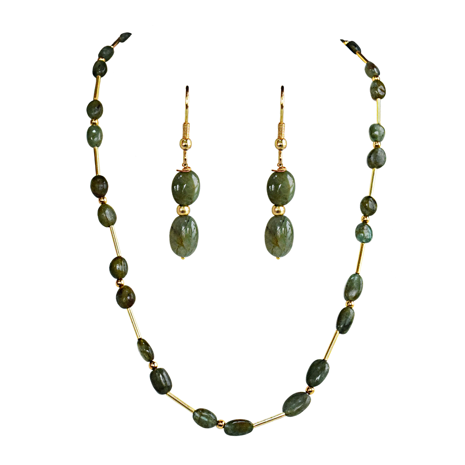Real Green Oval Emerald & Gold Plated Pipe & Beads Single Line Necklace & Earrings Set for Women (SN1075)