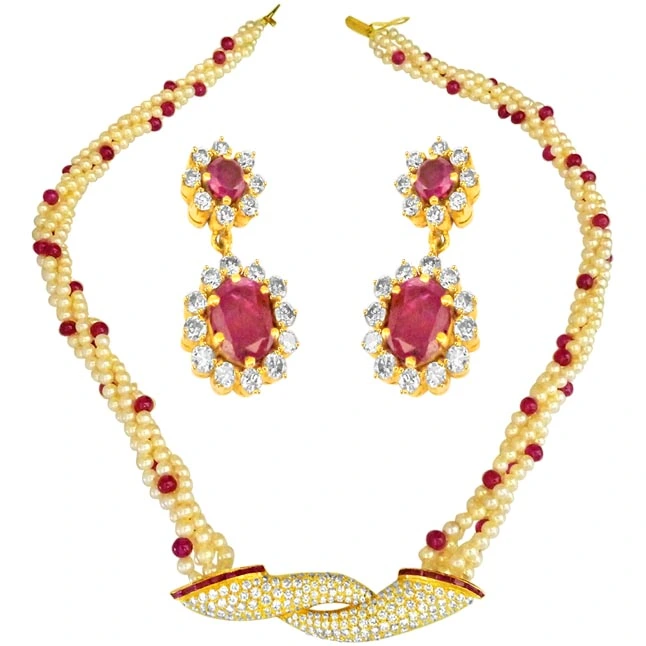 Cultured Elegance Diamond & Ruby Necklace Set