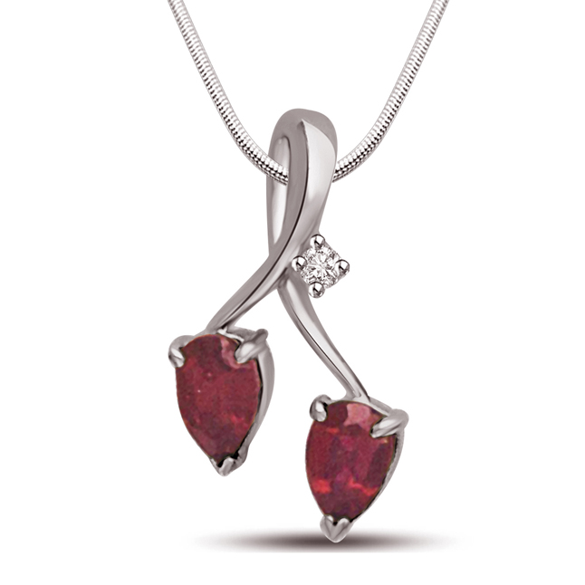 Candid Crystal - Real Diamond, Red Ruby & Sterling Silver Pendant with 18 IN Chain (SDP215)