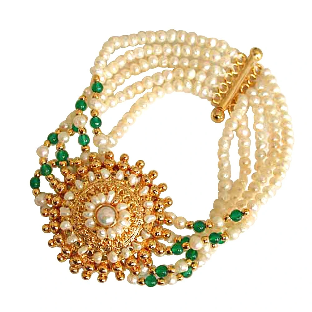 5 Line Freshwater Pearl, Green Onyx & Gold Plated Pendant Bracelet for Women (SB18)