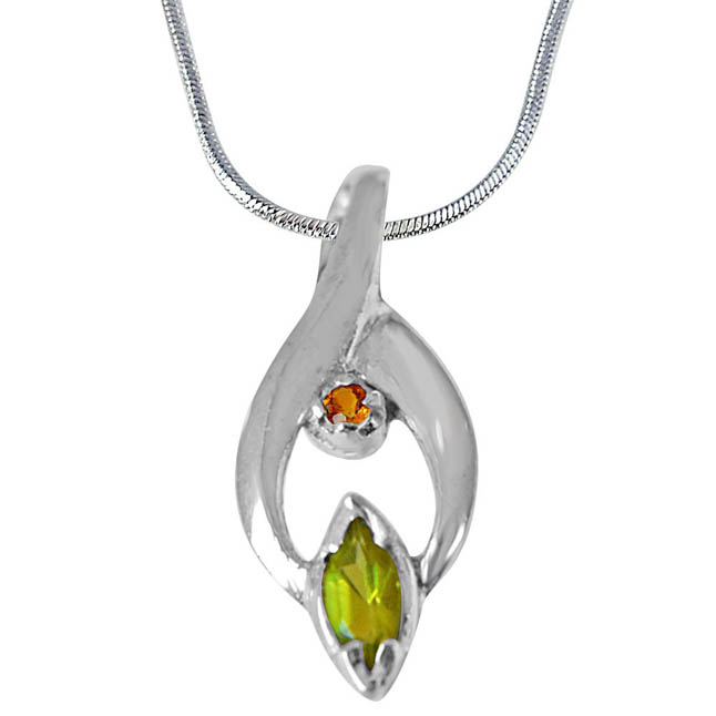 Trendy Marquise Shaped Green Peridot, Round Citrine and 925 Sterling Silver Pendant with 18 IN Chain (SDP419)