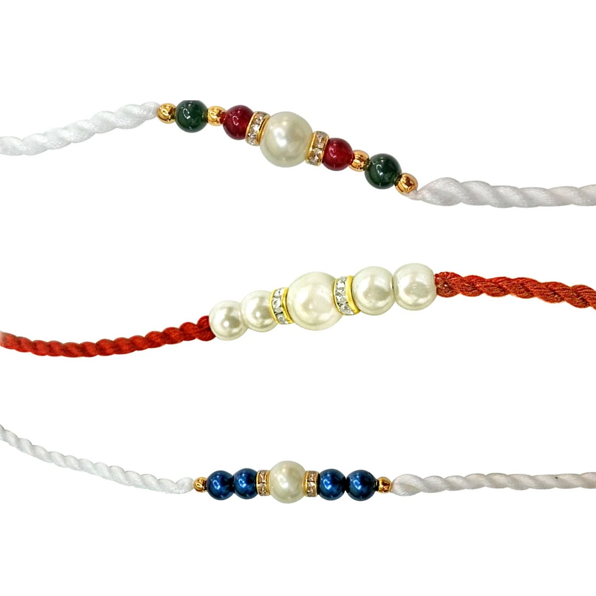 Blue, Red & White Shell Pearl Rakhi for Brothers (SNSH4+SNSH1+SNSH3)