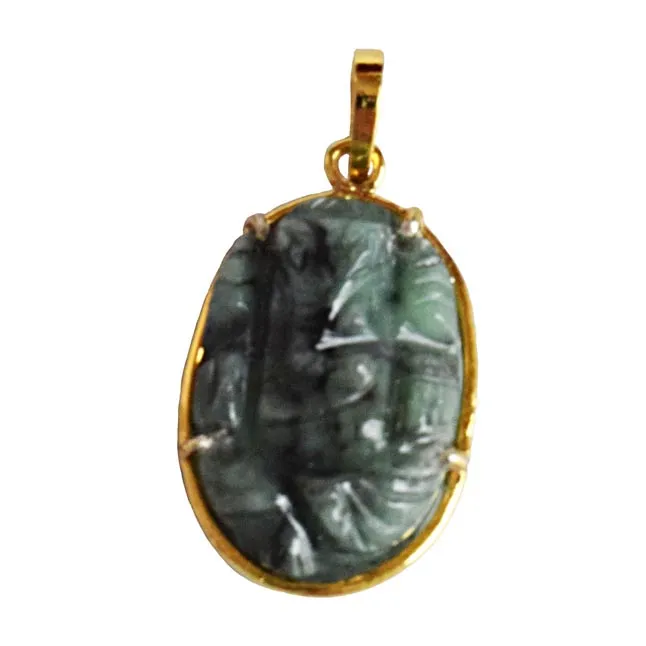 17.49 cts Lord Ganesh God Ganpati Real Natural Emerald Sterling Silver Gold Plated Pendant (SGP109)