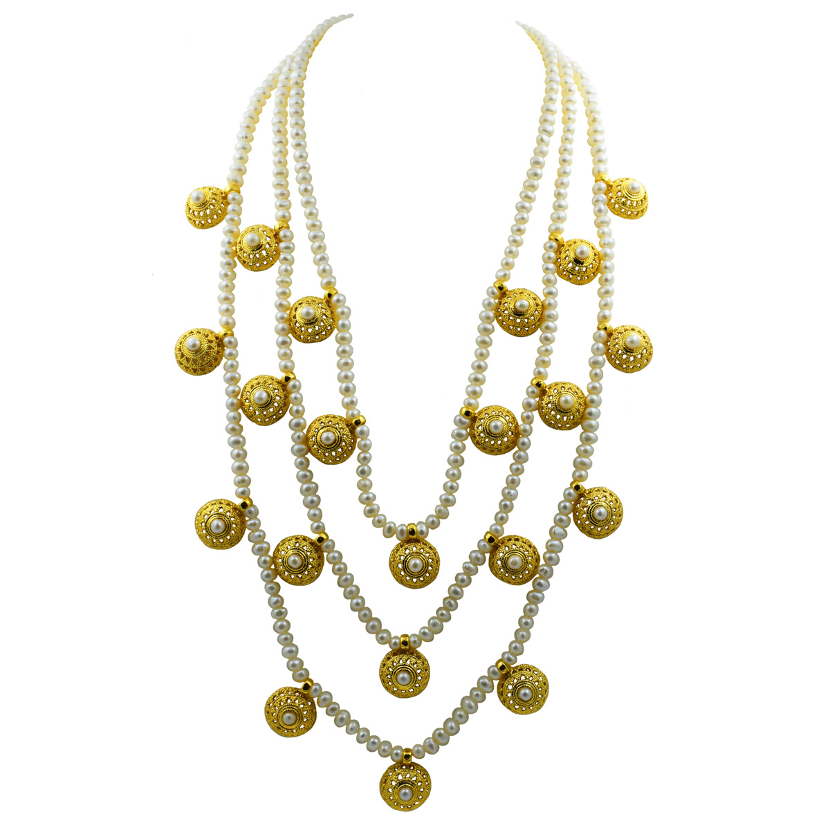 3 Line Rani Haar Real Pearl & Round Shaped Gold Plated Pendants Necklace for Women (SN1051)
