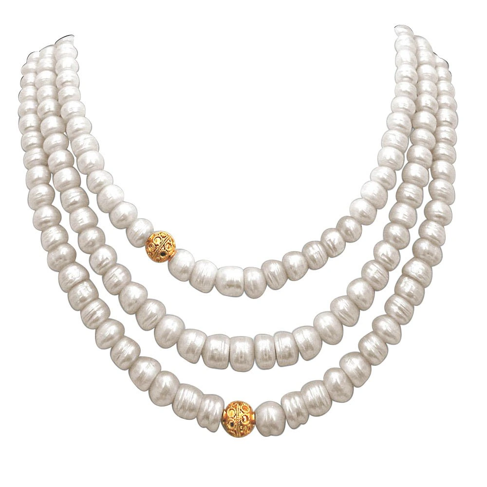 Pearl n Pretty - 3 Line Real Freshwater Pearl & Gold Plated Ball Necklace for Women (SN244)