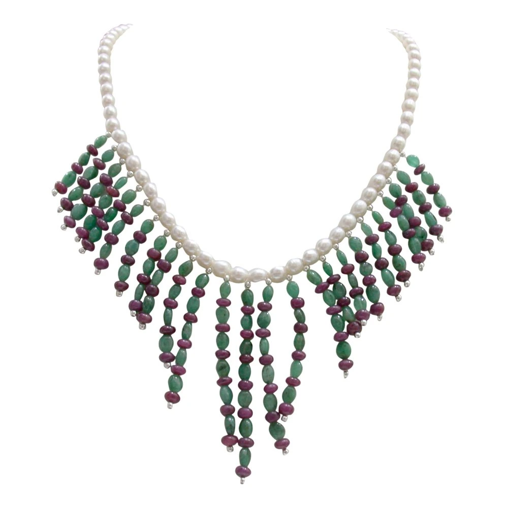 Star In The Making - Real Freshwater Pearl, Ruby Beads & Green Oval Emerald Necklace For Women (SN295)