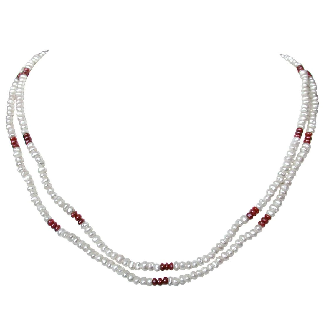 Embellishment - 2 Line Freshwater Pearl & Real Ruby Beads Necklace for Women (SN77)